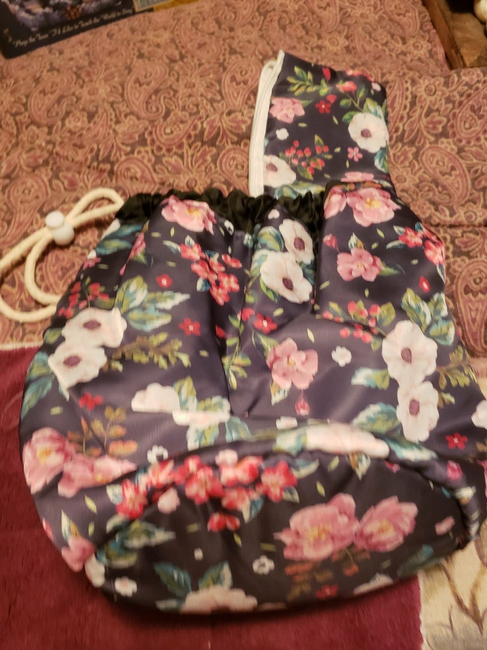 Floral Drawstring Shoulder Bag - Navy Pink